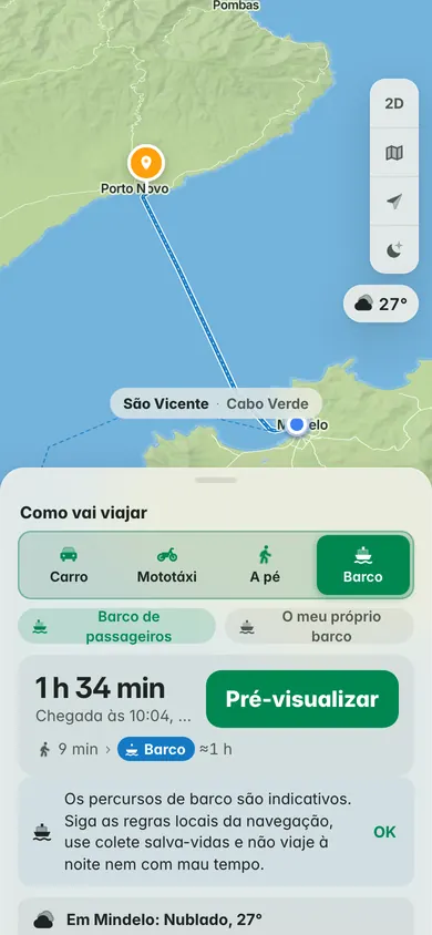 De barco da Praça Nova, no Mindelo, até Porto Novo, em Santo Antão: 1 h 34 min com o caminho a pé até ao porto e cerca de uma hora de ferry, com o lembrete do colete salva-vidas e o tempo no Mindelo