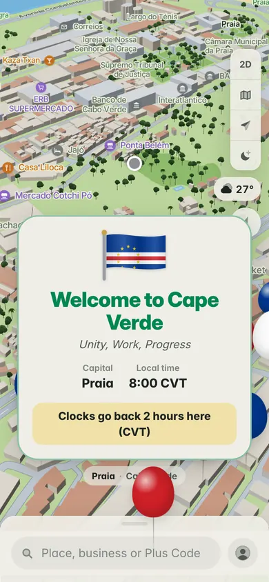 Welcome to Cabo Verde: the flag, the motto Unity, Work, Progress, the capital Praia, the local time, 8:00 CVT, and Clocks go back 2 hours here (CVT)