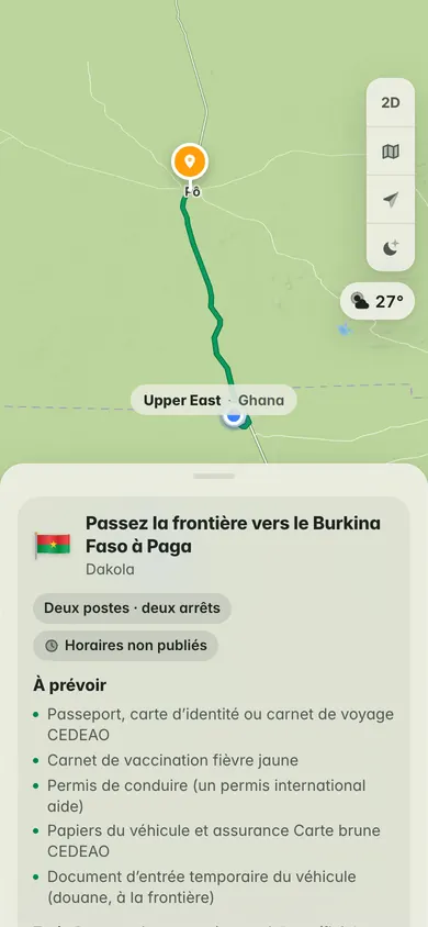 Un trajet depuis la région Upper East du Ghana : passez la frontière vers le Burkina Faso à Paga, Dakola : deux postes, deux arrêts, horaires non publiés, et les papiers à prévoir, du passeport au carnet de vaccination et aux papiers du véhicule
