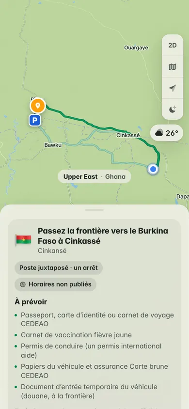 Un trajet depuis Bawku, dans le nord du Ghana : passez la frontière vers le Burkina Faso à Cinkassé : poste juxtaposé, un seul arrêt, et les papiers à prévoir