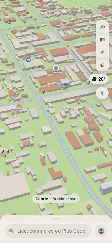La carte 3D du centre de Ouagadougou, avec des banques, des hôtels et la barre de recherche