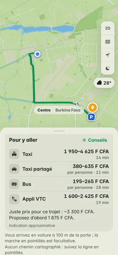 Pour y aller à Ouagadougou, de la place des Nations unies à Ouaga 2000 : prix en taxi, taxi partagé, bus et VTC en F CFA, et le juste prix à proposer d’abord