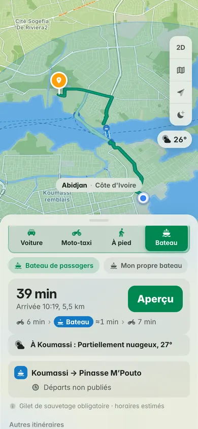 En bateau de Koumassi à Riviera M’Pouto : 39 minutes et 5,5 km, départs non publiés, rappel du gilet de sauvetage et météo à Koumassi
