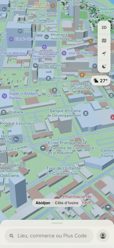 La carte 3D du Plateau à Abidjan, avec ses tours, la Banque africaine de développement et la barre de recherche
