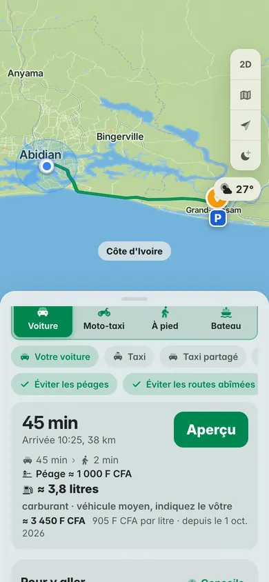 En voiture de Treichville à Grand-Bassam : 45 minutes et 38 km, un péage d’environ 1 000 F CFA et environ 3 450 F CFA de carburant à 905 F CFA le litre
