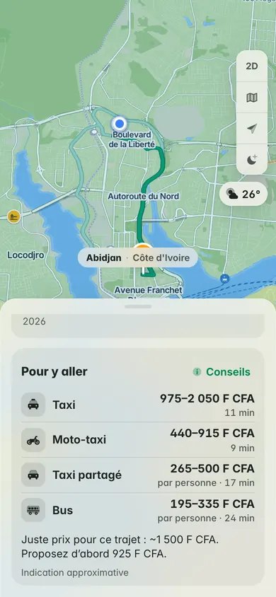 D’Adjamé au Plateau : un taxi pour 975 à 2 050 F CFA, une moto-taxi pour 440 à 915, une place en taxi partagé pour 265 à 500 et le bus pour 195 à 335, avec le juste prix, environ 1 500 F CFA