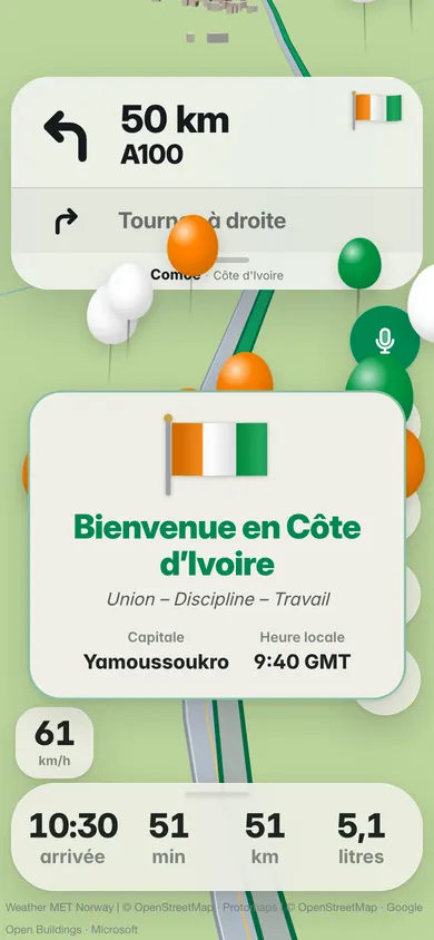 Bienvenue en Côte d’Ivoire : le drapeau, la devise Union – Discipline – Travail, la capitale Yamoussoukro et l’heure locale 9:40 GMT, avec des ballons orange, blancs et verts