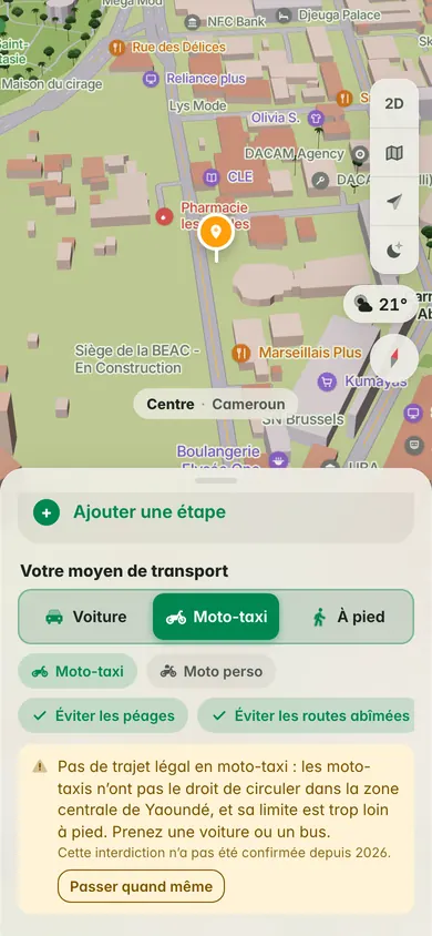 Itinéraire en moto-taxi de Mvog-Mbi à la Poste centrale de Yaoundé : pas de trajet légal en moto-taxi, interdites dans la zone centrale de Yaoundé, prenez une voiture ou un bus
