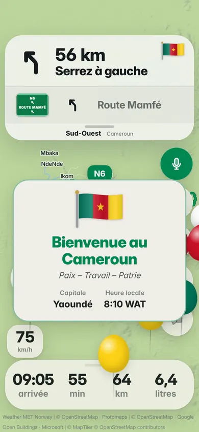 The same welcome in French: Bienvenue au Cameroun, with the flag, the motto Paix – Travail – Patrie, the capital Yaoundé and the local time