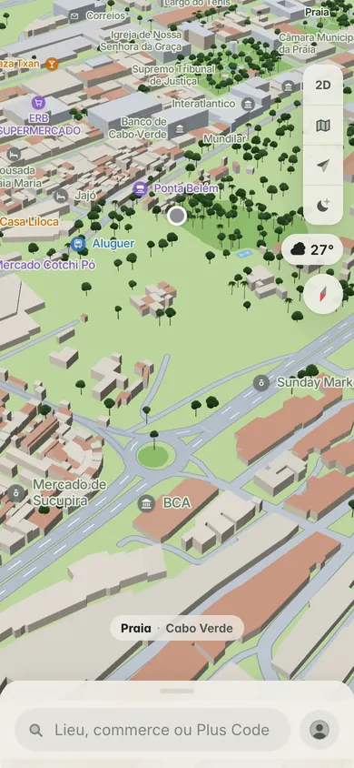 La carte 3D du Plateau de Praia, avec la Banque du Cap-Vert, le Tribunal suprême, la mairie et la barre de recherche