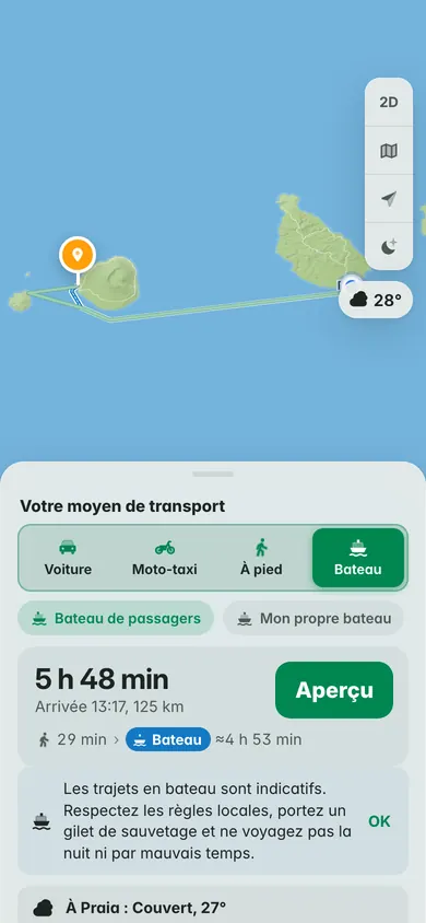 En bateau du Plateau de Praia jusqu’à São Filipe, sur Fogo : 5 h 48 et 125 km, la marche jusqu’au port et environ 4 h 53 en bateau, le rappel du gilet de sauvetage et la météo à Praia