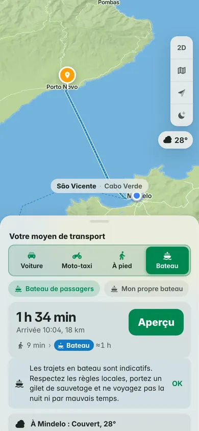 En bateau de la Praça Nova à Mindelo jusqu’à Porto Novo, sur Santo Antão : 1 h 34 avec la marche jusqu’au port et environ une heure de ferry, le rappel du gilet de sauvetage et la météo à Mindelo