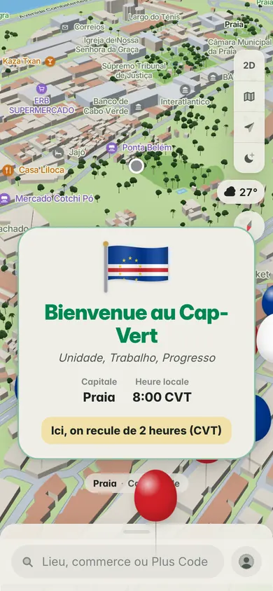 Bienvenue au Cap-Vert : le drapeau, la devise Unidade, Trabalho, Progresso, la capitale Praia, l’heure locale, 8:00 CVT, et Ici, on recule de 2 heures (CVT)