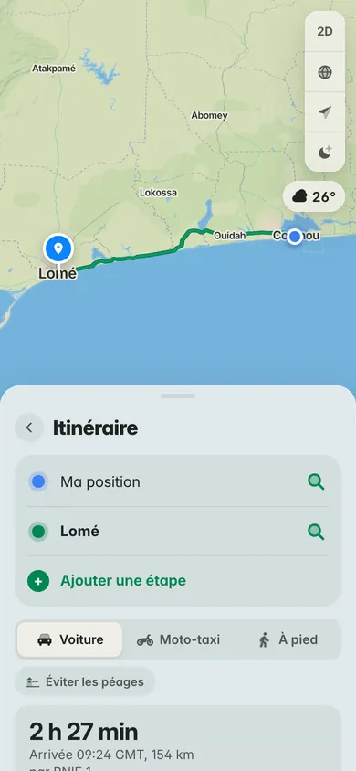 Itinéraire Cotonou–Lomé en voiture : 2 h 27 min et 154 km, arrivée 09:24 GMT, avec l’option Éviter les péages