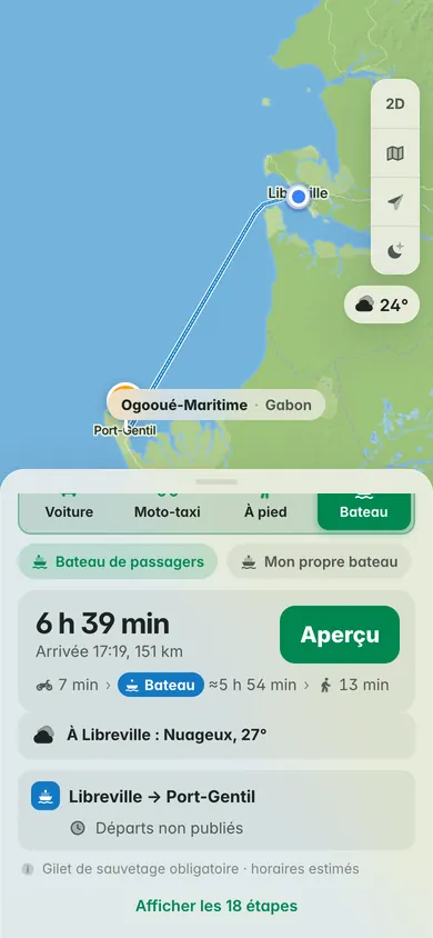 En bateau de Libreville à Port-Gentil : 6 h 39 min et 151 km, départs non publiés, rappel du gilet de sauvetage et météo à Libreville