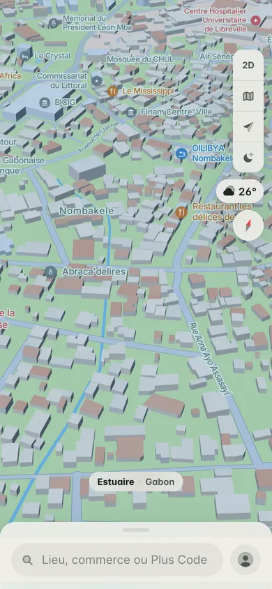 La carte 3D du centre de Libreville autour de Nombakele, avec la BICIG, l’immeuble Finam et la barre de recherche