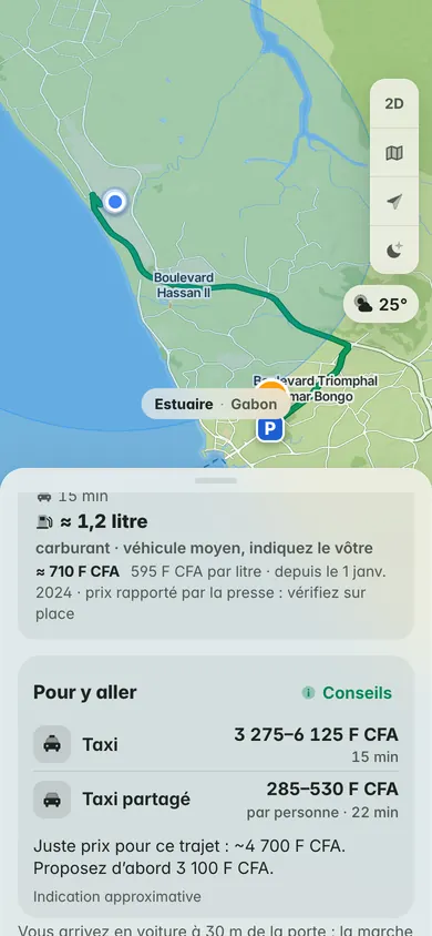 De l’aéroport Léon Mba à Louis : 15 minutes, environ 1,2 litre de carburant à 595 F CFA le litre, un taxi pour 3 275 à 6 125 F CFA ou une place en taxi partagé pour 285 à 530 F CFA