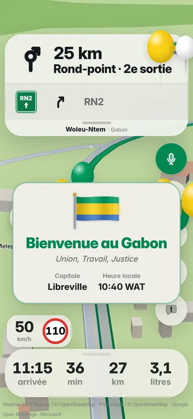 Bienvenue au Gabon : le drapeau, la devise Union, Travail, Justice, la capitale Libreville et l’heure locale 10:40 WAT, avec des ballons aux couleurs du drapeau