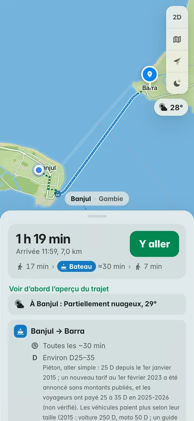 En ferry de Banjul à Barra : la marche jusqu’au terminal, environ 30 minutes de bateau et le prix en dalasis