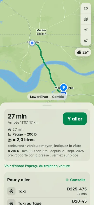 De Farafenni à Soma par le pont de Sénégambie, avec le péage de 200 D pour une voiture sur la fiche d’itinéraire