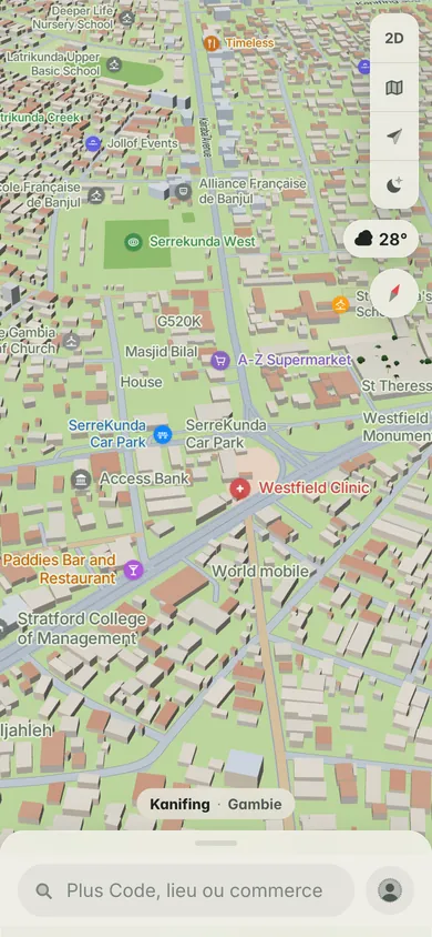 La carte 3D de Serekunda et du carrefour de Westfield, avec Kairaba Avenue et la barre de recherche