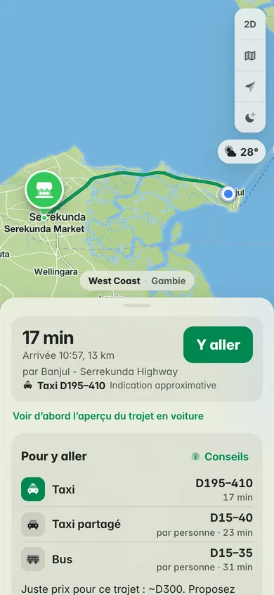 De Banjul au marché de Serekunda en voiture : 17 minutes et 13 km, le taxi à D195–410 et le juste prix, environ D300