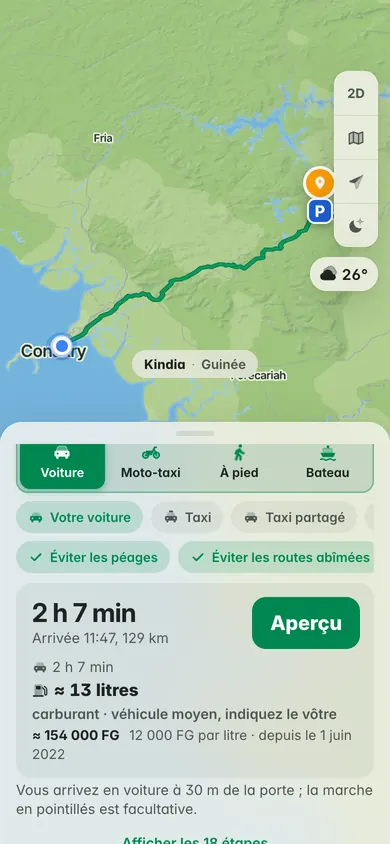 De Conakry à Kindia en voiture : 2 h 7 min et 129 km, environ 13 litres de carburant, environ 154 000 FG à 12 000 FG le litre