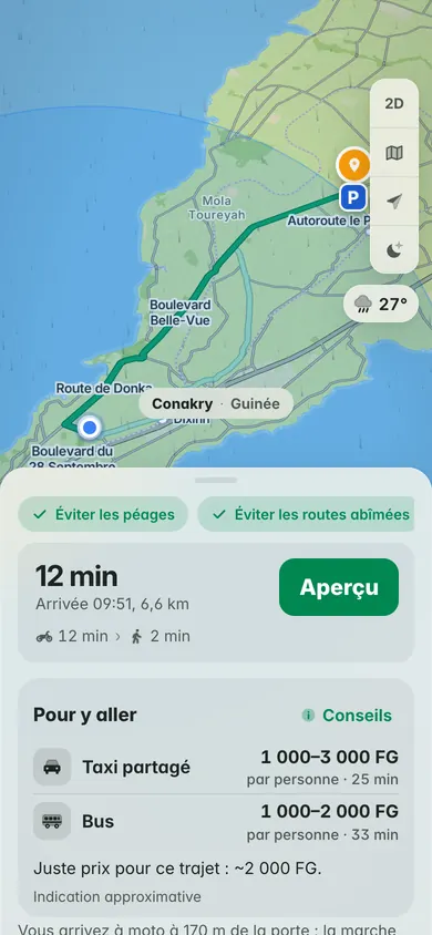 De Madina à Ratoma en moto-taxi en 12 minutes, avec une place en taxi partagé pour 1 000 à 3 000 FG, le bus pour 1 000 à 2 000 FG et le juste prix, environ 2 000 FG