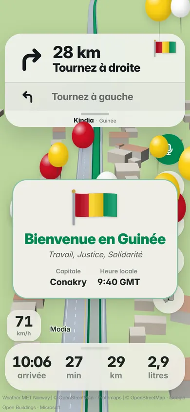 Bienvenue en Guinée : le drapeau, la devise Travail, Justice, Solidarité, la capitale Conakry et l’heure locale 9:40 GMT, avec des ballons rouges, jaunes et verts