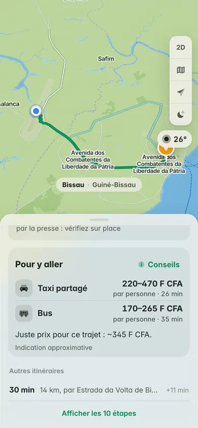 Pour y aller, de l’aéroport de Bissau à la praça dos Heróis Nacionais : prix par personne en taxi partagé et en bus en F CFA, et le juste prix du trajet, à titre indicatif