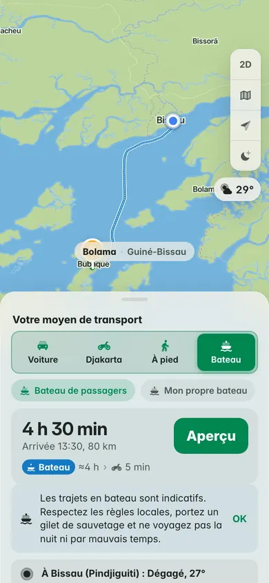 En bateau du quai de Pindjiguiti à Bissau jusqu’à Bubaque : environ 4 h 30 et 80 km, avec le rappel du gilet de sauvetage et la météo au quai