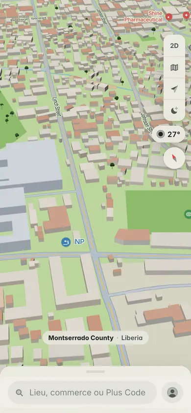 La carte 3D du centre de Monrovia autour de Lynch Street et Johnson Street, avec la barre de recherche