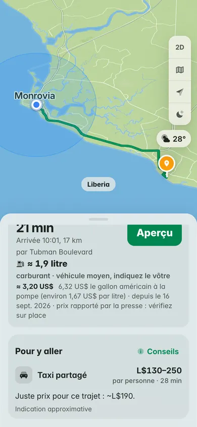 De Broad Street à ELWA Junction : 21 minutes et 17 km, environ 3,20 US$ de carburant à 6,32 US$ le gallon américain, et une place en taxi partagé pour 130 à 250 L$