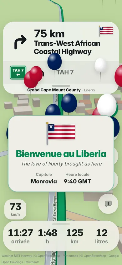 Bienvenue au Libéria : le drapeau, la devise The love of liberty brought us here, la capitale Monrovia et l’heure locale 9:40 GMT, avec des ballons rouges, blancs et bleus