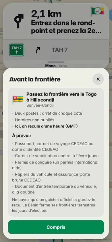 Avant la frontière : passez la frontière vers le Togo à Hillacondji, deux postes, on recule d’une heure, et la liste des papiers