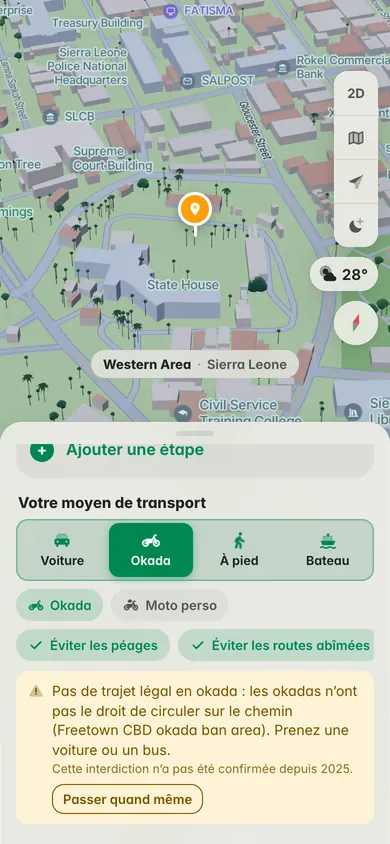 Pas de trajet légal en okada : les okadas n’ont pas le droit de circuler dans le centre d’affaires de Freetown ; prenez une voiture ou un bus, avec la mention que l’interdiction n’a pas été confirmée depuis 2025