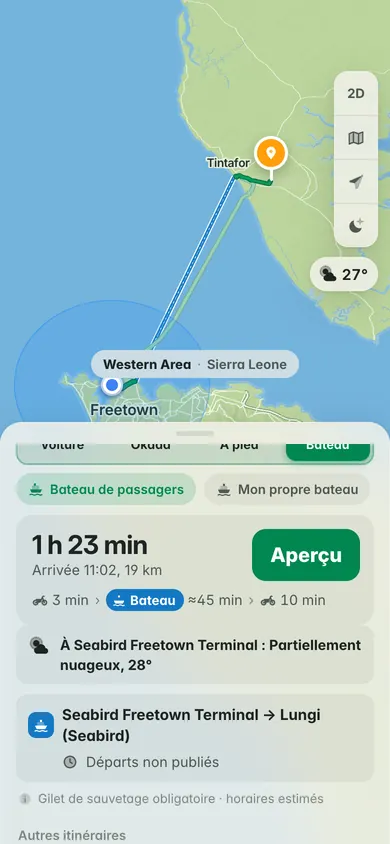 En bateau-taxi du terminal Seabird de Freetown à Lungi : 1 h 23 min de porte à porte, dont environ 45 minutes en bateau, départs non publiés, et la météo au terminal