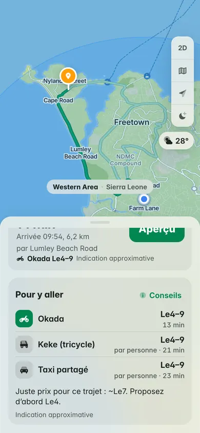 De Lumley à Aberdeen en okada en 13 minutes : 4 à 9 Le en okada, en keke ou en taxi partagé, et le juste prix, environ 7 Le, avec Proposez d’abord 4 Le