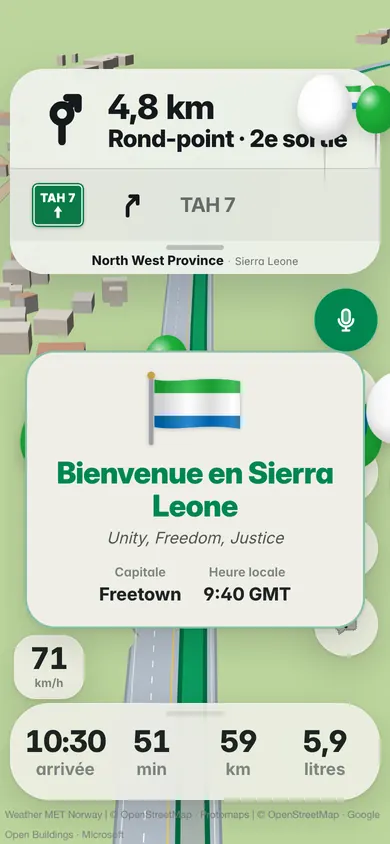 Bienvenue en Sierra Leone : le drapeau, la devise Unity, Freedom, Justice, la capitale Freetown et l’heure locale 9:40 GMT, avec des ballons verts, blancs et bleus
