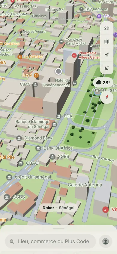 La carte 3D de Dakar-Plateau autour de la place de l’Indépendance, avec ses banques, l’Hôtel de l’Indépendance et la barre de recherche