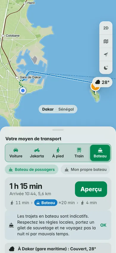 En bateau de la place de l’Indépendance à Gorée : 1 h 15 avec la marche jusqu’à la gare maritime et une vingtaine de minutes de traversée, le rappel du gilet de sauvetage et la météo à l’embarcadère