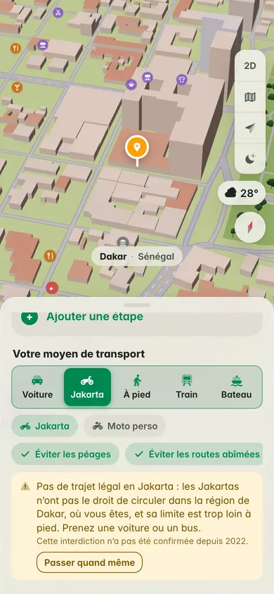 Itinéraire en Jakarta de la Médina à la place de l’Indépendance à Dakar : pas de trajet légal en Jakarta dans la région de Dakar, prenez une voiture ou un bus ; interdiction non confirmée depuis 2022, avec Passer quand même