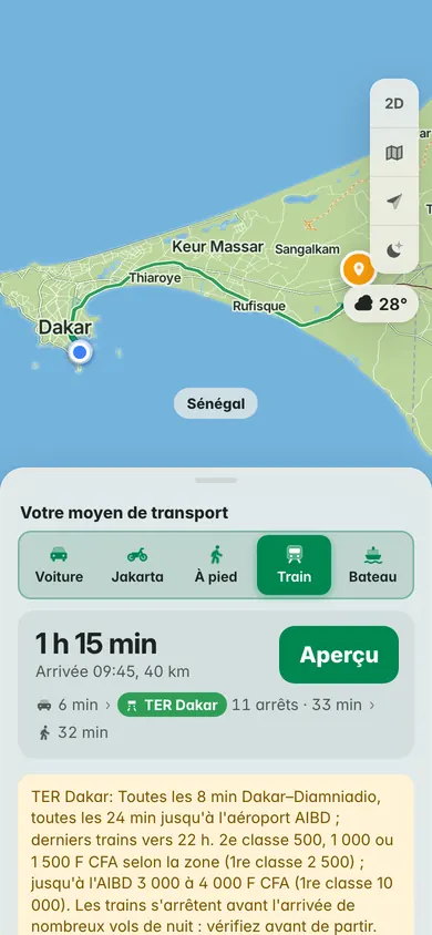 En TER de la place de l’Indépendance à Diamniadio : 1 h 15, 11 arrêts sur le TER Dakar, avec les fréquences, les derniers trains et les tarifs par zone