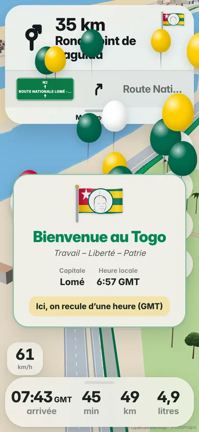 Bienvenue au Togo : le drapeau, la devise Travail, Liberté, Patrie, la capitale Lomé, l’heure locale 6:57 GMT et Ici, on recule d’une heure (GMT)