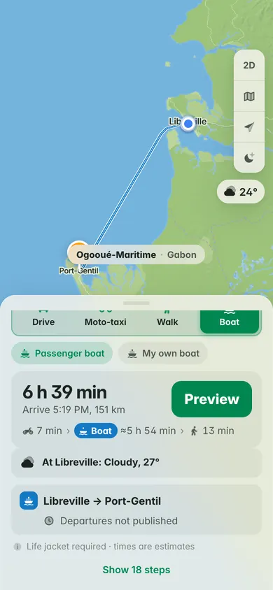 By boat from Libreville to Port-Gentil: 6 h 39 min and 151 km, departures not published, a life-jacket reminder and the weather at Libreville