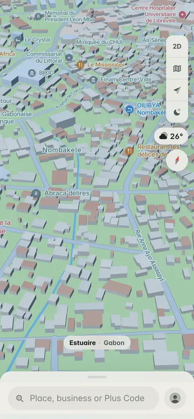 The 3D map of central Libreville around Nombakele, with the BICIG, the Finam building and the search bar