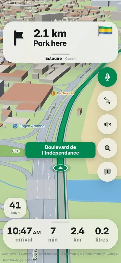 Driving on the Boulevard de l’Indépendance in Libreville, in 3D at street level, arriving 10:47