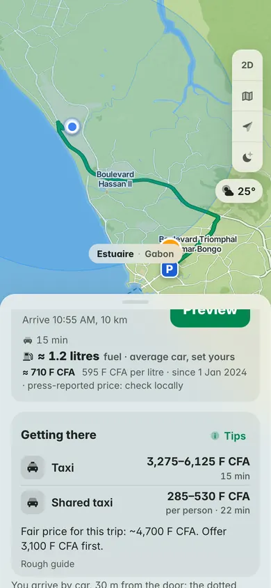 From Léon Mba airport to Louis: 15 minutes, about 1.2 litres of fuel at 595 F CFA a litre, a taxi for 3,275–6,125 F CFA or a shared taxi seat for 285–530 F CFA
