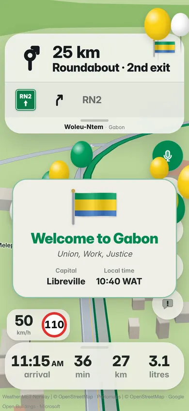 Welcome to Gabon: the flag, the motto Union, Work, Justice, the capital Libreville and the local time, 10:40 WAT, with balloons in the flag’s colours