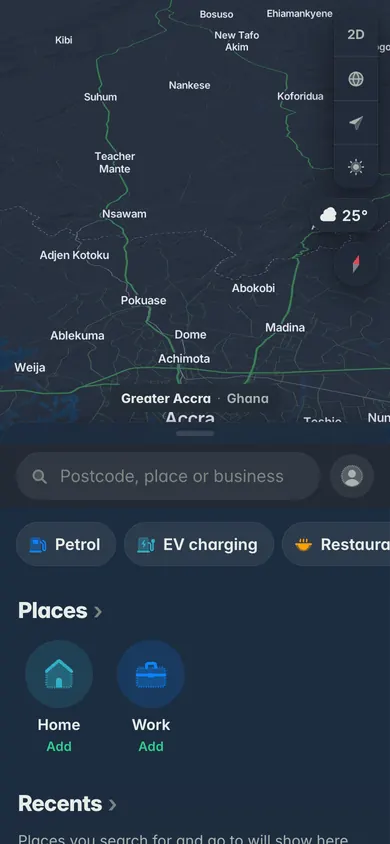 The dark map of Accra with the chip Greater Accra · Ghana, and Petrol, EV charging and Restaurant shortcuts